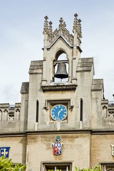 The bell tower and clock at Christ's College, part of Cambridge University.