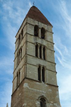 Valladolid, Spain - 8 December 2018: Bell tower of Santa Maria La Antigua (Church of Saint Mary the Ancient)