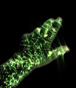 3D-Illustration of a glowing human male hand with a kirlian aura showing different symbols.