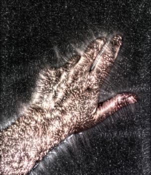 3D-Illustration of a glowing human male hand with a kirlian aura showing different symbols.