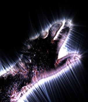 3D-Illustration of a glowing human male hand with a kirlian aura showing different symbols.