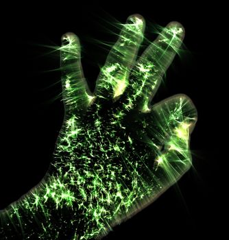 3D-Illustration of a glowing human male hand with a kirlian aura showing different symbols.