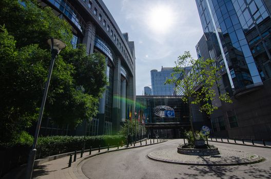 Brussels, Belgium, August 2019. External view of the modern metal and glass palaces which house the European Parliament.