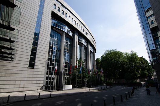 Brussels, Belgium, August 2019. External view of the modern metal and glass palaces which house the European Parliament.