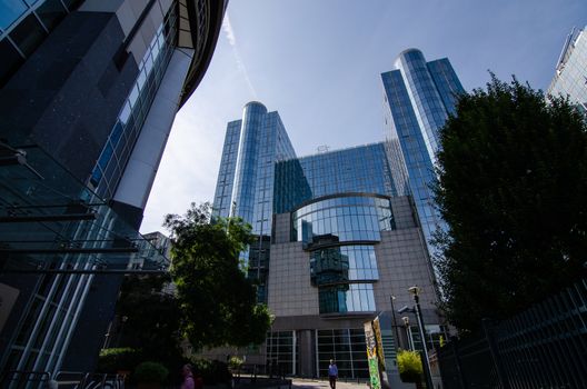 Brussels, Belgium, August 2019. External view of the modern metal and glass palaces which house the European Parliament.