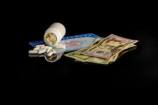A bottle of pills on top of a blank social security card surrounded by American money