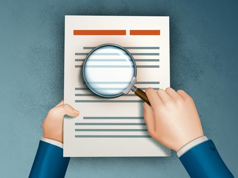 Businessman analyzing an agreement with a magnifying lens. Digital illustration.
