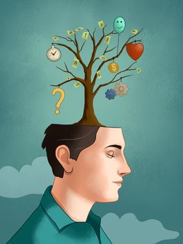 Tree growing from a young male's head, with different thoughts developing from each branch. Digital illustration.