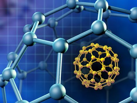 Spherical fullerene molecule. 3D illustration.