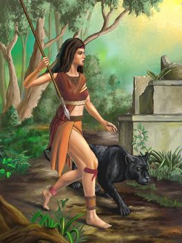 Amazon warrior exploring a forest. Digital illustration.