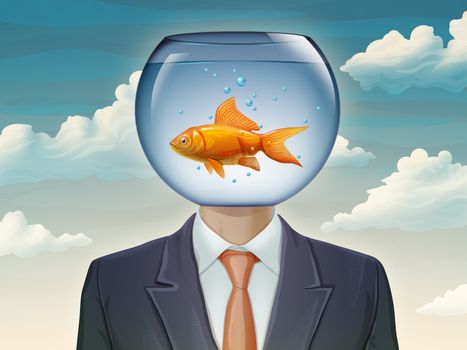 Businessman with a fishtank as his head. Digital illustration.