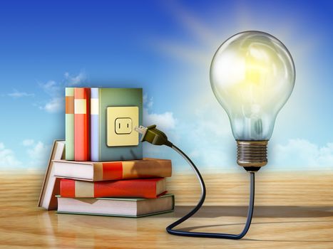 Light bulb and some books. 3D illustration.