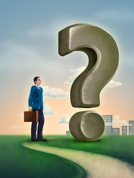 Businessman standing on a path, close to a big question mark. Digital illustration.