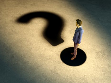 Young businessman whose shadow create a question mark. 3D illustration.