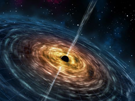 Black hole attracting space matter. Digital illustration.