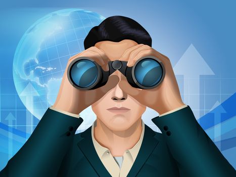 Businessman looking through some binoculars. Digital illustration.