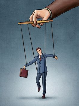 Businessman being pulled by strings like a puppet. Digital illustration, created from scratch with no reference used.