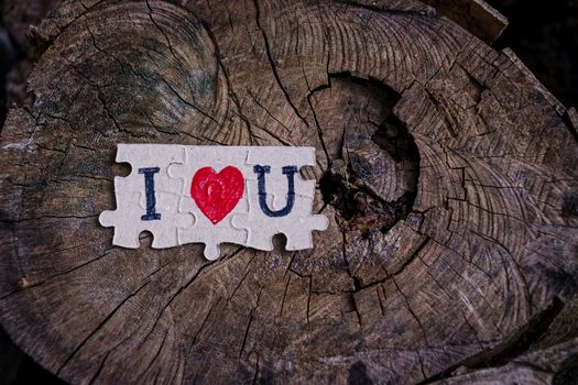 A picture of a paper jigsaw put on a tree stump and write that I love you