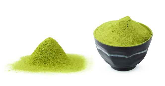 matcha powder green tea isolated on a white background.