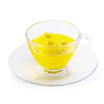 Yellow Chrysanthemum flowers health herbal tea isolated on white background.
