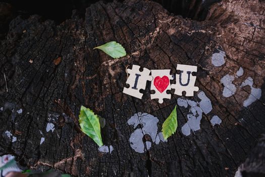 A picture of a paper jigsaw put on a tree stump and write that I love you