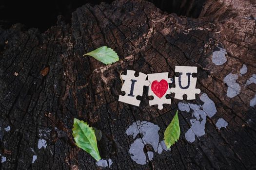 A picture of a paper jigsaw put on a tree stump and write that I love you