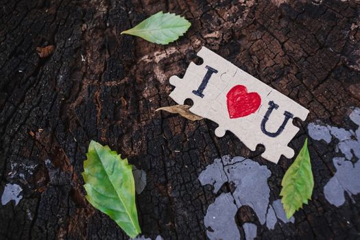 A picture of a paper jigsaw put on a tree stump and write that I love you