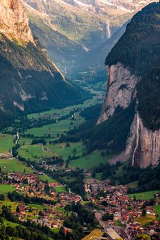 Lauterbrunnen valley located in the Swiss Alps near Interlaken in the Bernese Oberland of Switzerland, also known as the Valley of waterfalls. Cold evening.