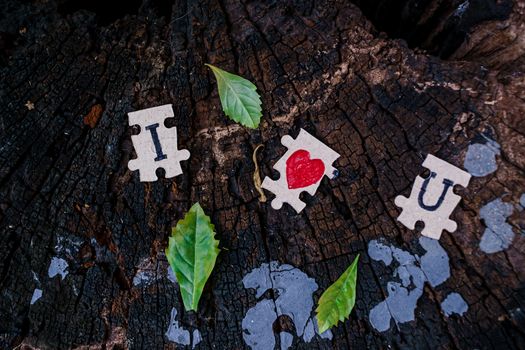 A picture of a paper jigsaw put on a tree stump and write that I love you