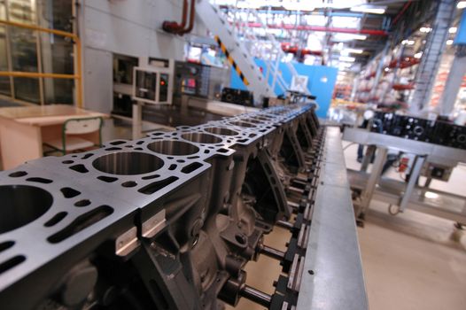 engine block on a production assembly line