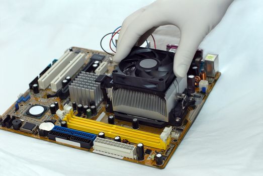 woman's hand in glove sets the CPU and cooler to motherboard