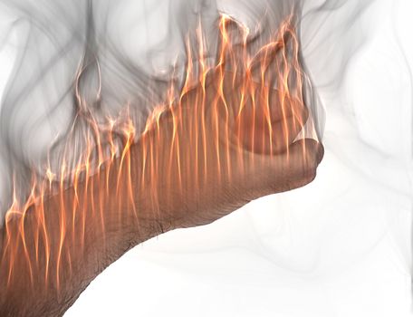 A human hand on fire burning with orange flames and some smoke in front of a white background