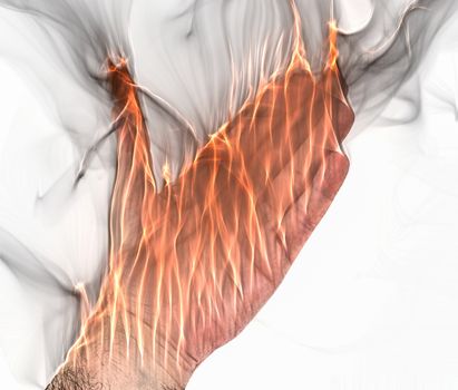 A human hand on fire burning with orange flames and some smoke in front of a white background