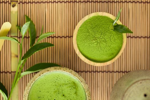 Set of matcha powder bowl wooden spoon and whisk green tea leaf Organic Green Matcha Tea ceremony.