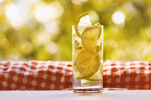Glass of lemon water on the sunny garden background