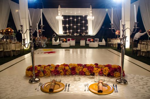 Grooms table with wedding party decoration background