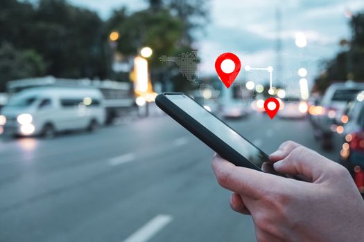 People use smartphone to check map to travel with internet and gps application for vacation or holiday.