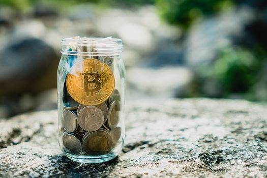 Bitcoin the jar full of coin and bank notes meaning of saving investment with cryptocurrency digital money fintech online network. Business technology concept.
