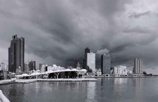 A dramatic sky over the Asia Bay in Kaohsiung City in Taiwan
