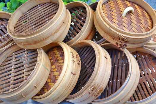 Traditional Chinese bamboo steamers used to make dumplings and streamed bread