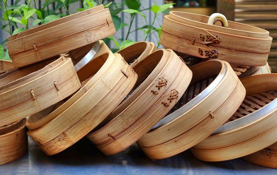 Traditional Chinese bamboo steamers used to make dumplings and streamed bread