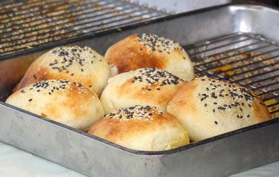 Freshly baked bread buns with sesame seeds