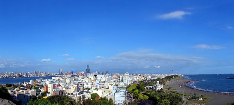 Panoramic view of Cijin Island, beach, and Kaohsiung City skyline
