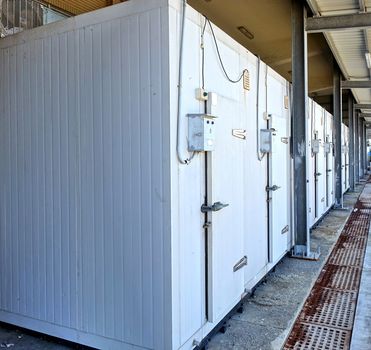 A row of walk-in refrigerators and freezer at a commercial cold storage facility