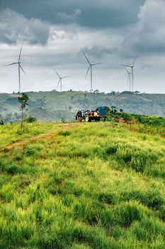 Wind turbines on sunny morning 