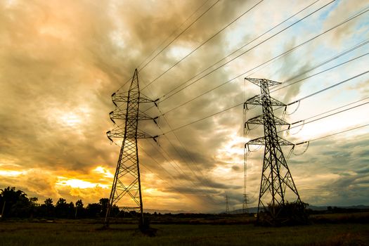 silhouette of high voltage electrical pole structure