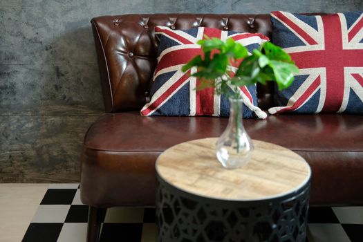 brown leather sofa couch in living room interior