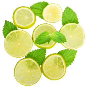 Fresh lime with leaf mint top view on a white background.