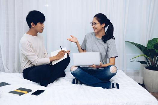 man woman friends students listen lecture studying learning online course on video conference call. work at home