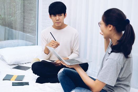 man woman friends students listen lecture studying learning online course on video conference call. work at home